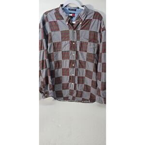 Tommy‎ Hilfiger Button Up Long Sleeve Patchwork Plaid Men's Shirt L Vintage 90s